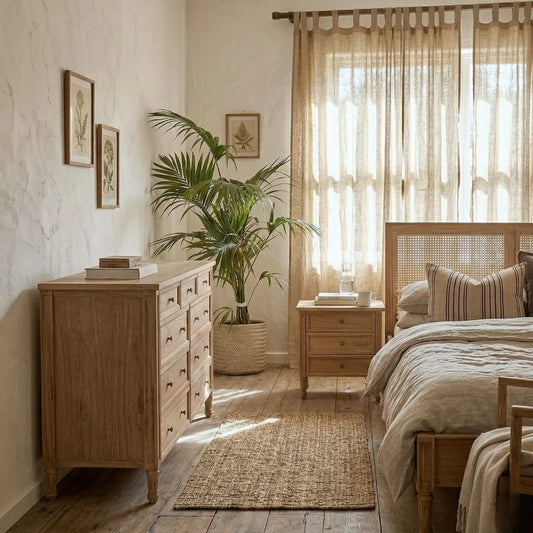 Cozy bedroom with natural organic linen curtains, beige bedding and timber furniture