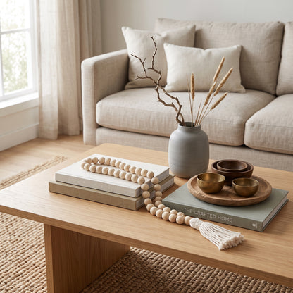 Natural wooden beaded looped garland styled on a coffee table in a modern home.