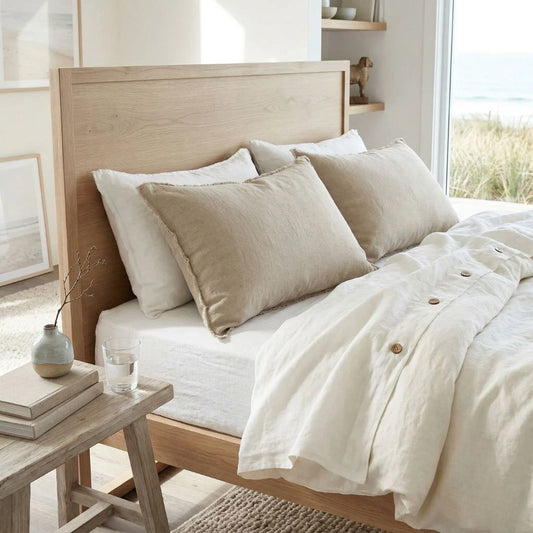 Neatly made bed with beige and white bedding in a bright bedroom.