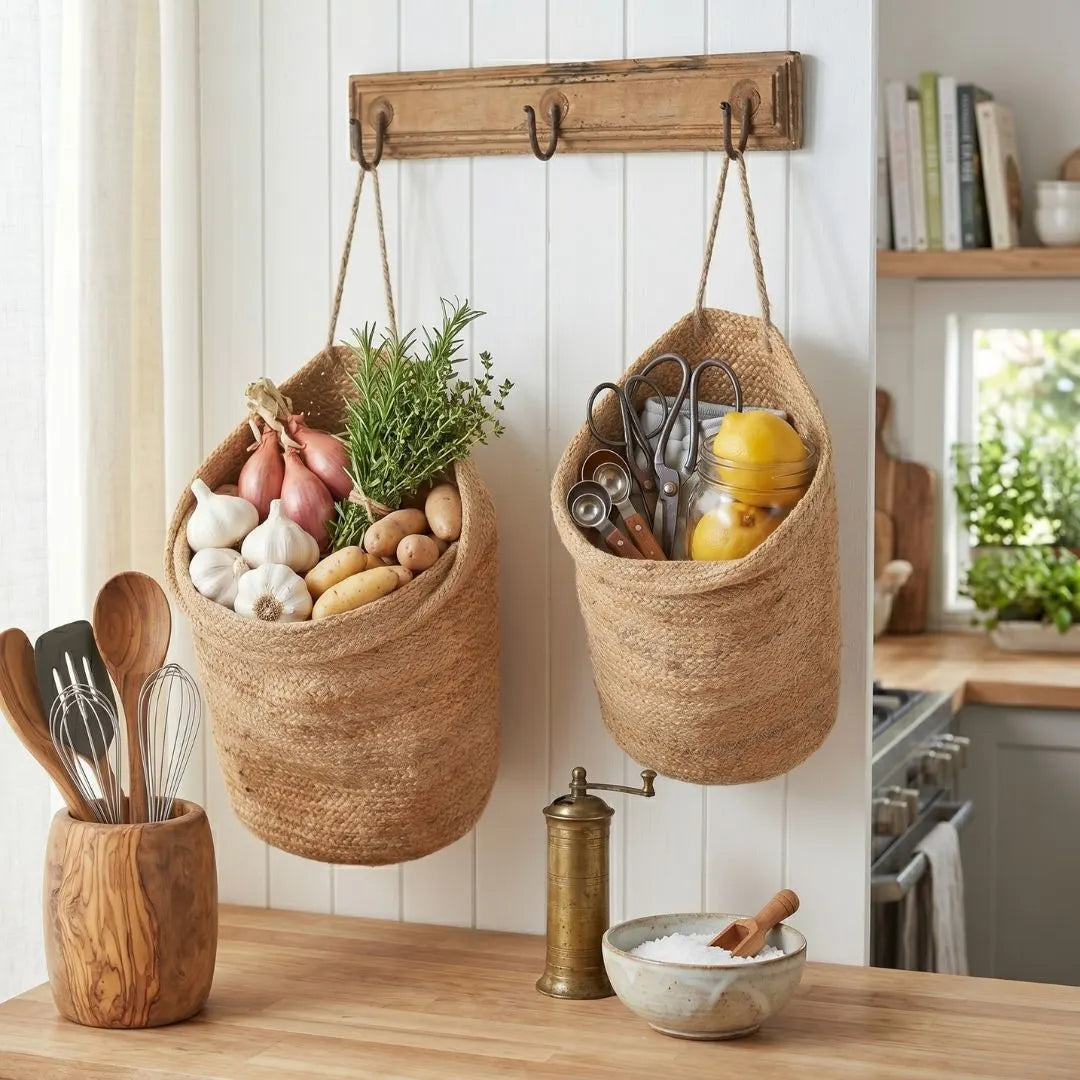 Woven baskets hanging on a wall with kitchen utensils and ingredients, in a home kitchen setting.