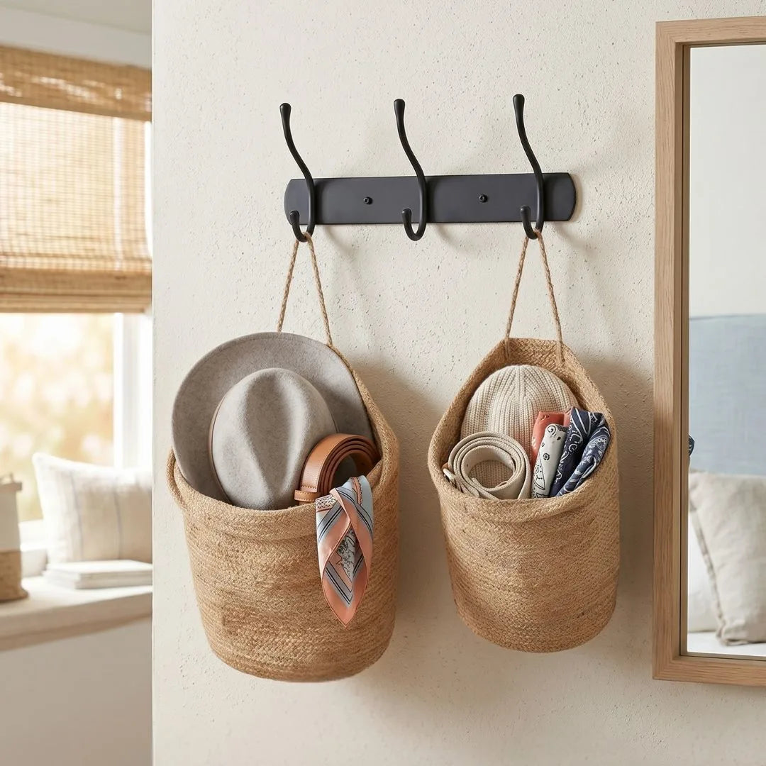 Woven baskets hanging from a wall-mounted hook with hats and folded clothes inside, in a room setting.