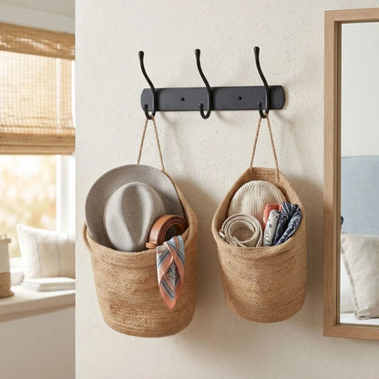 Woven baskets hanging from a wall-mounted hook with hats and folded clothes inside, in a room setting.