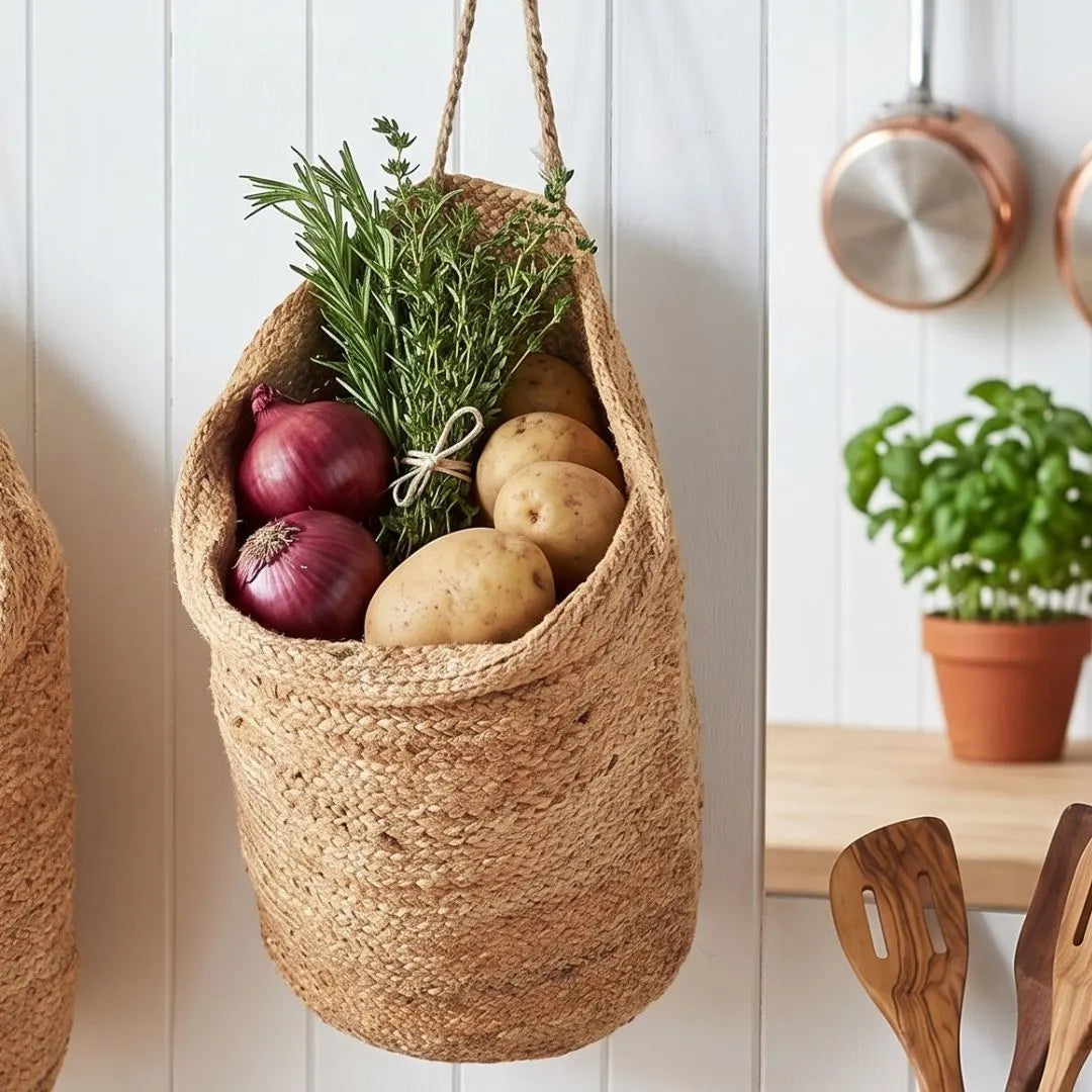 Woven basket with potatoes and herbs hanging on a wall in a kitchen setting.
