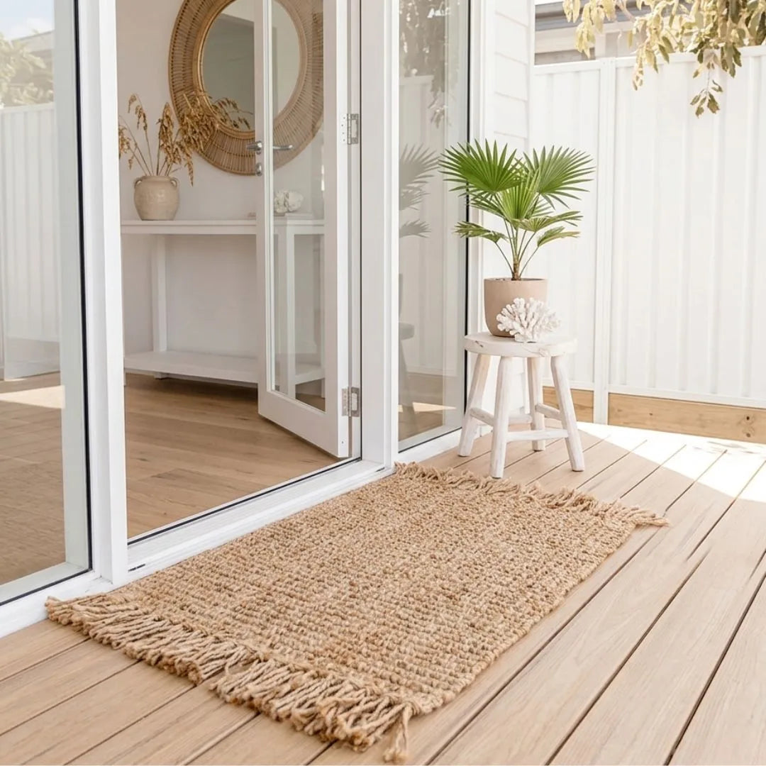jute rug on a wooden deck with a white stool and plant in the background.