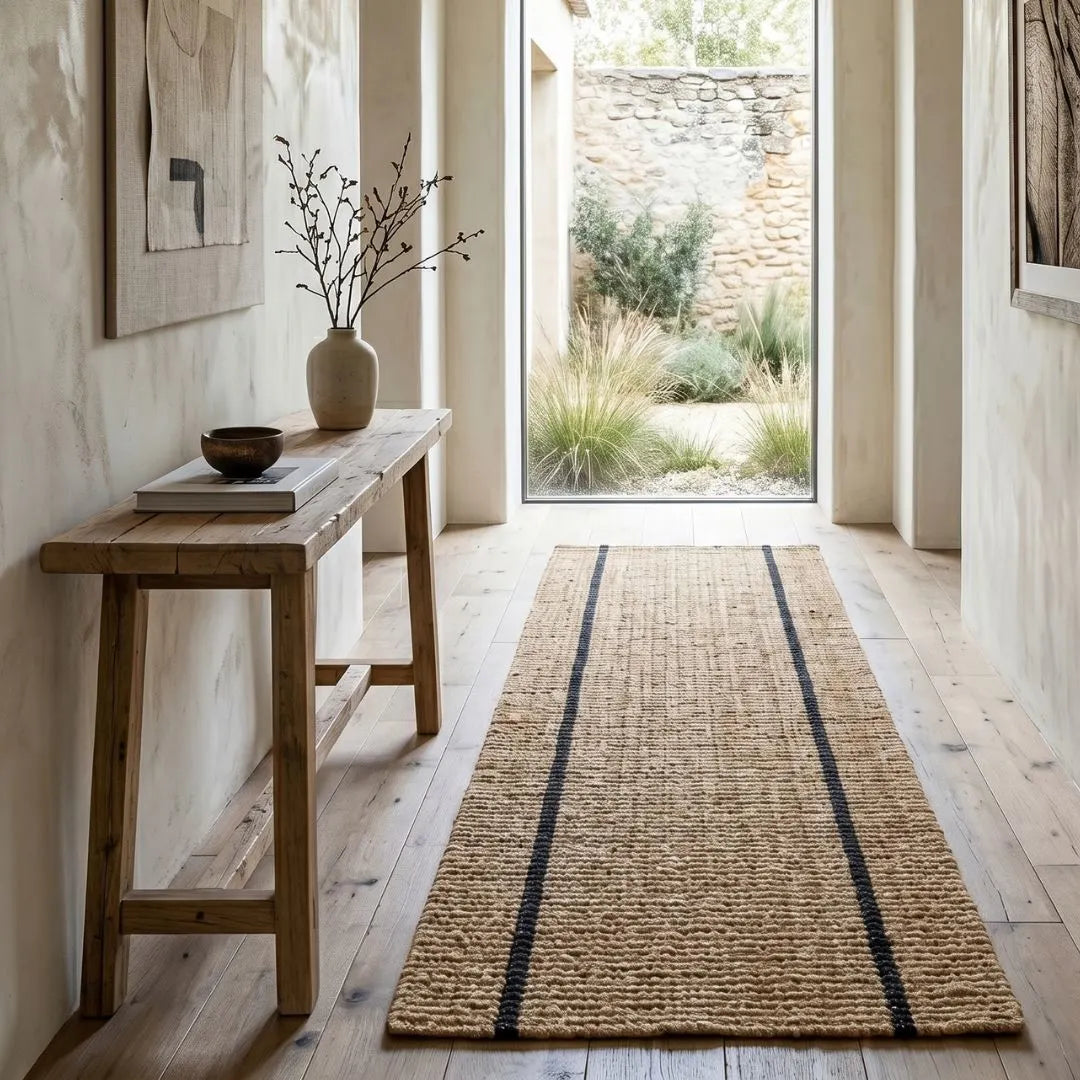 Natrual rug with black stripes on wooden floor, wooden bench with decor items, and garden view.