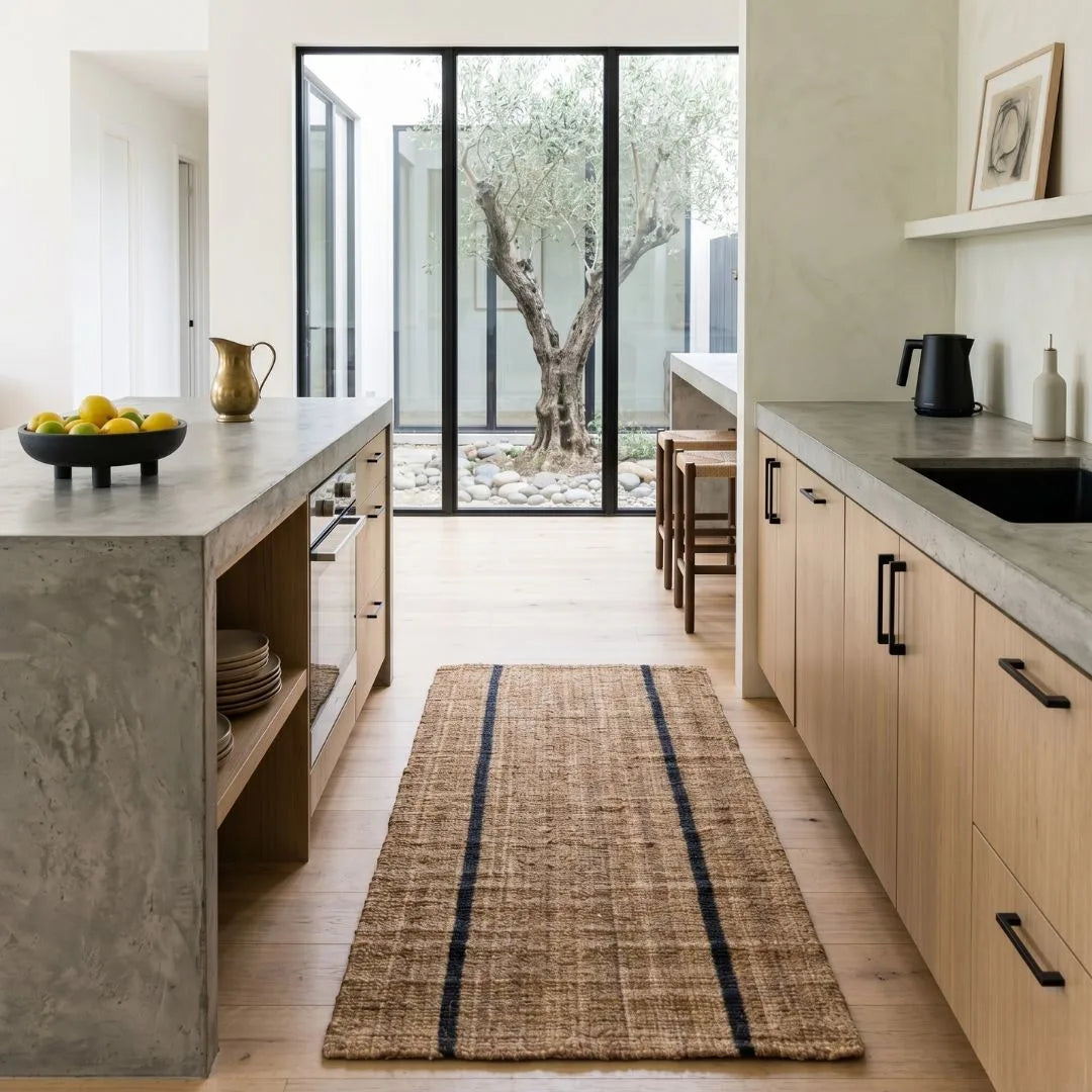 Modern kitchen with a long woven rug on the floor