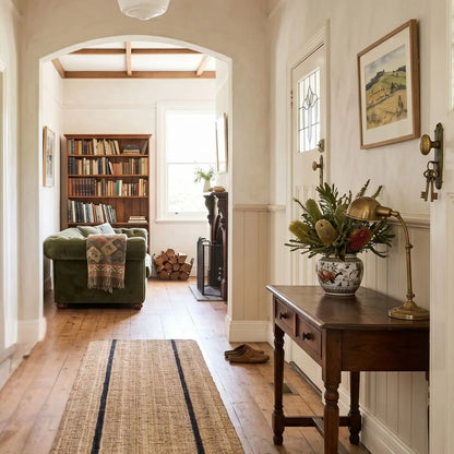 Narrow hallway with a green armchair, bookshelf, and decorative elements.