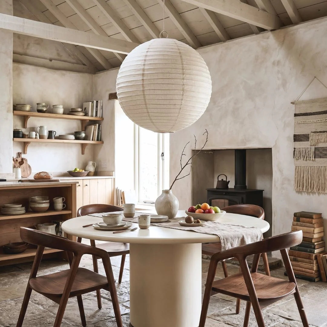 Dining room with wooden chairs, round table, and shelves with decor items.