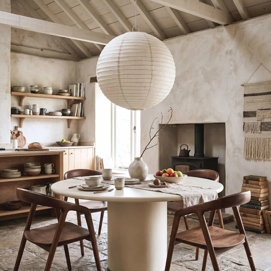 Dining room with wooden chairs, round table, and shelves with decor items.