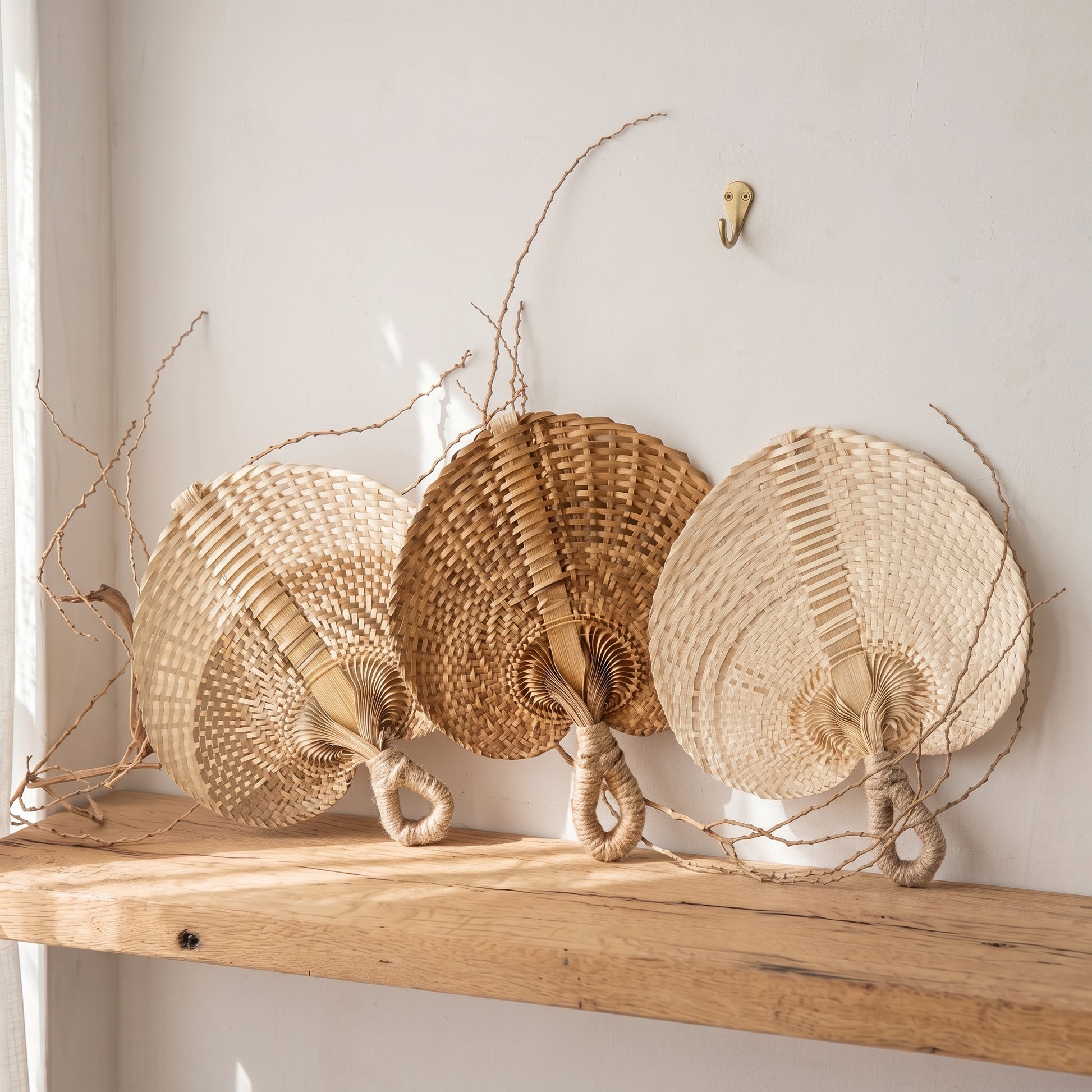 Three woven straw wall fans in natural beige and tan tones displayed on a rustic wooden shelf against a white wall.
