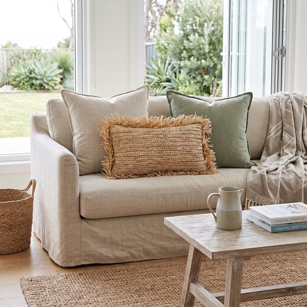 A beige slipcovered loveseat sofa in a bright living room, styled with neutral throw pillows, a woven fringed accent pillow, a cream throw blanket, a wooden coffee table, and a wicker basket beside large windows.