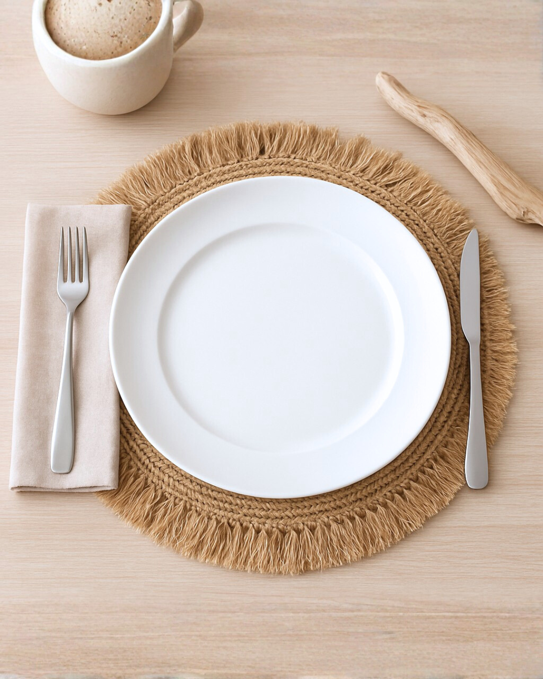 White plate on a woven placemat with cutlery and a cup on a wooden table.