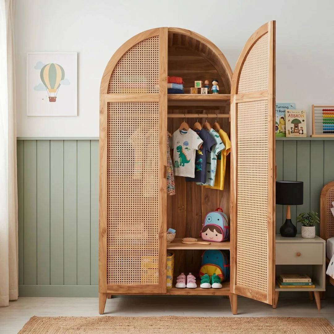 Wooden wardrobe with wicker doors in a child's room with toys and clothes inside.