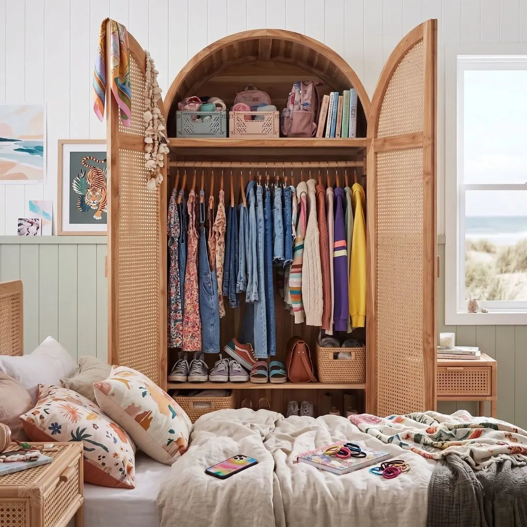 Wooden wardrobe with clothes in a bedroom setting