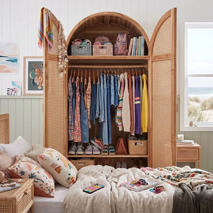 Wooden wardrobe with clothes in a bedroom setting