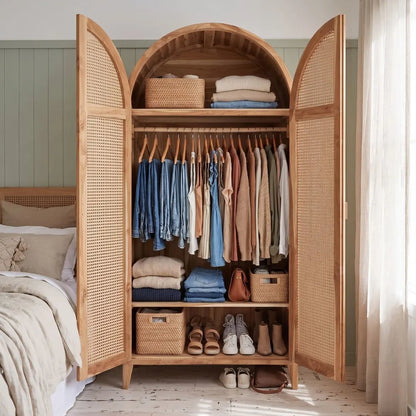 Wooden wardrobe with clothes and shoes in a bedroom setting