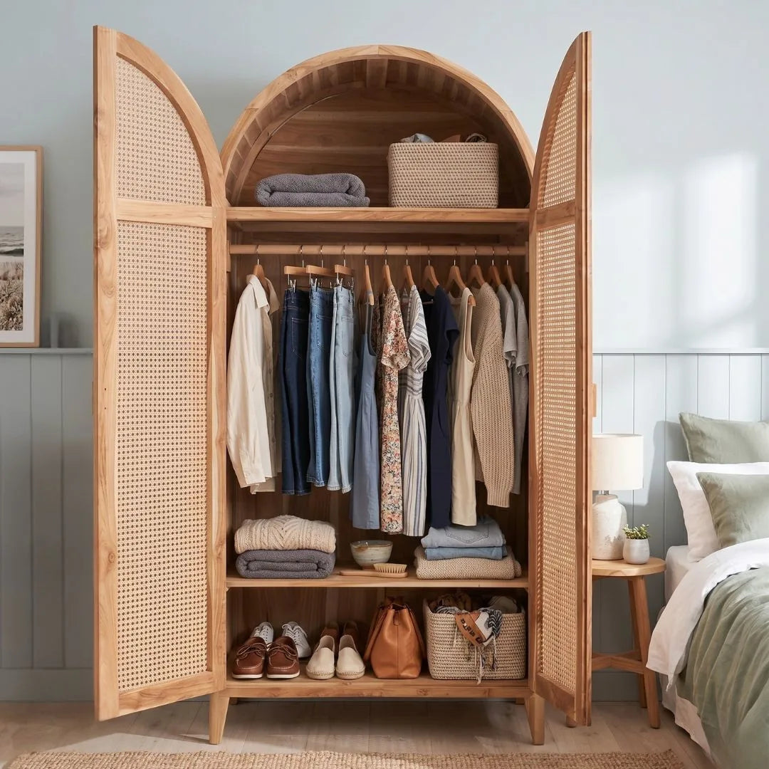 Wooden wardrobe with clothes and shoes in a bedroom setting
