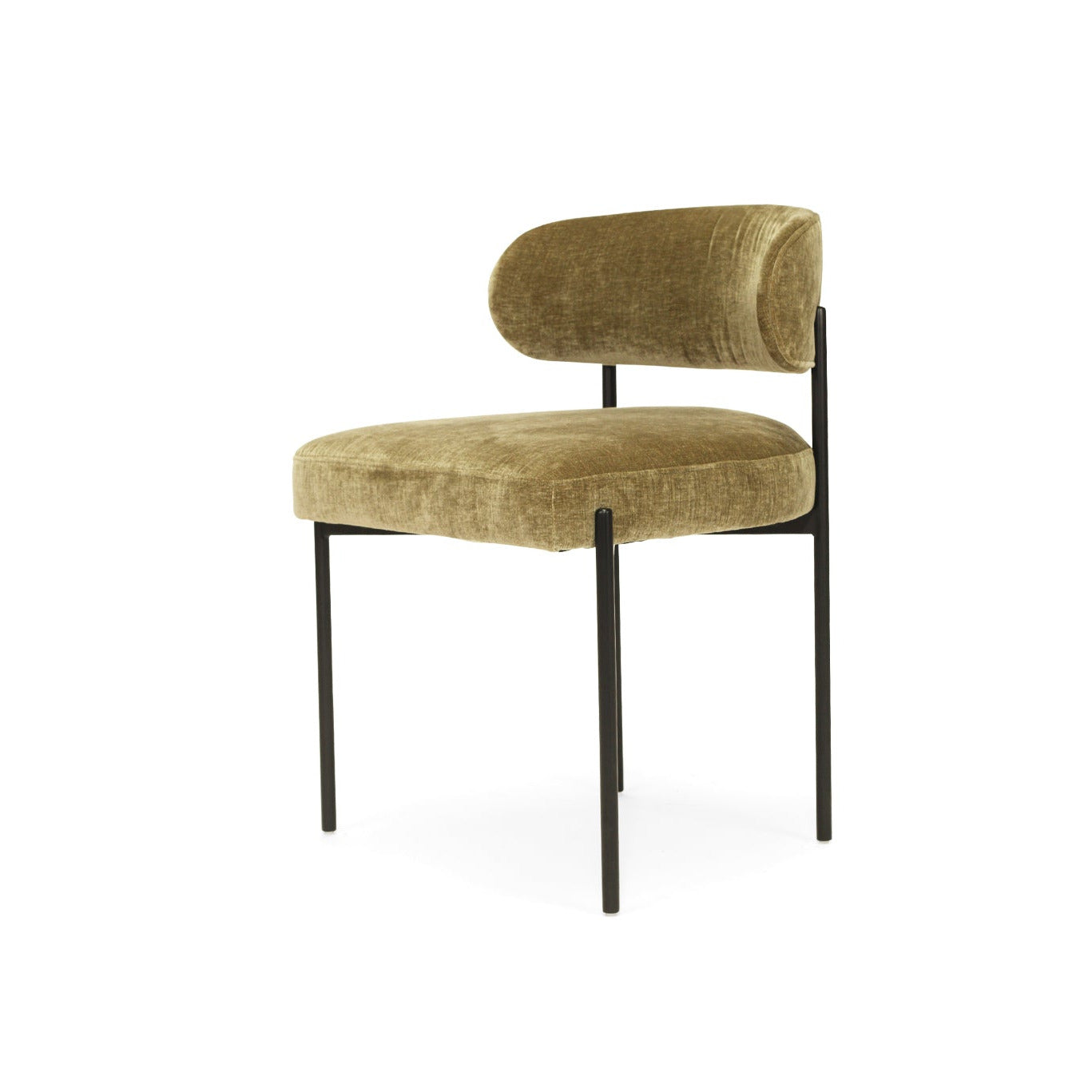 Ivy Olive green velvet upholstered dining chair with black metal legs on a white background