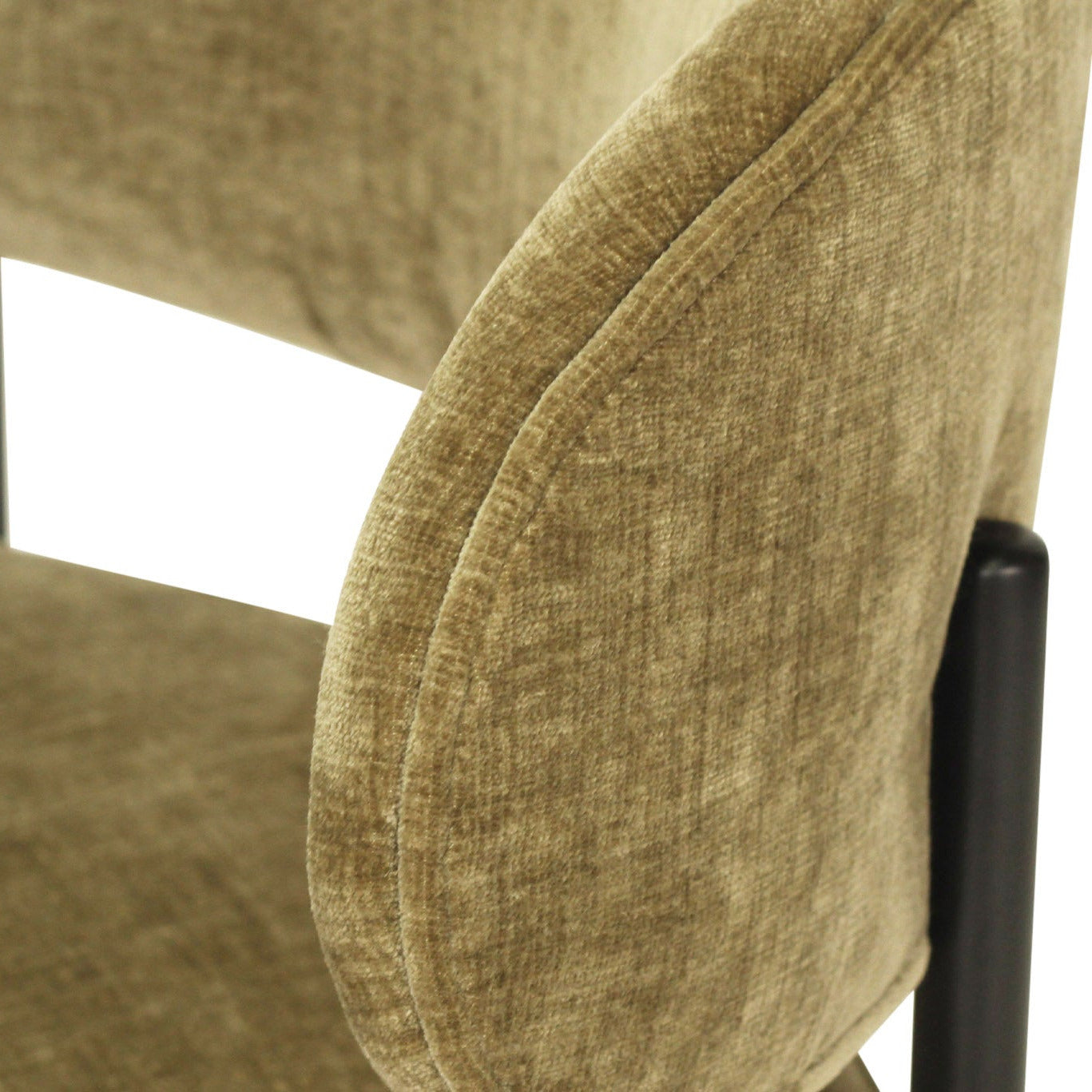 Ivy Olive green velvet upholstered dining chair with black metal legs on a white background