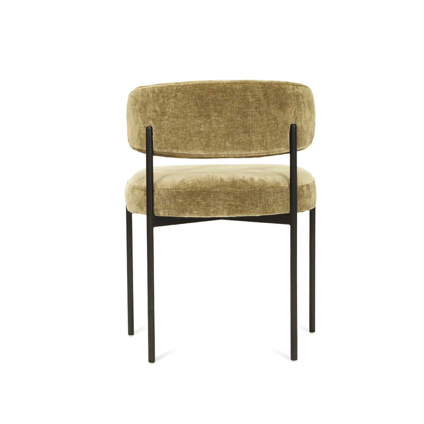 Ivy Olive green velvet upholstered dining chair with black metal legs on a white background