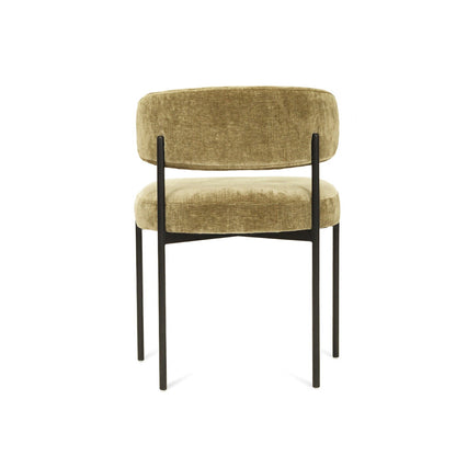 Ivy Olive green velvet upholstered dining chair with black metal legs on a white background