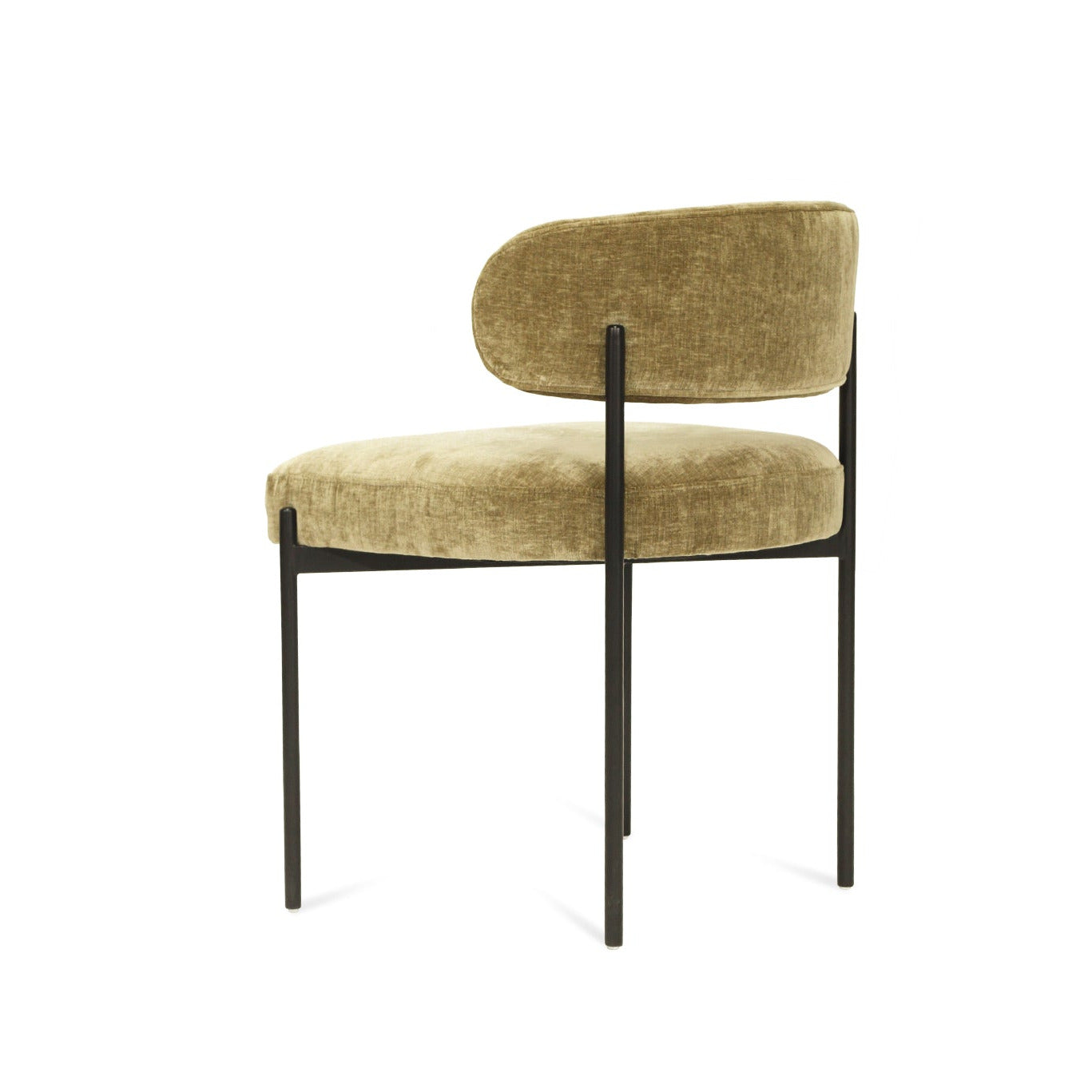 Ivy Olive green velvet upholstered dining chair with black metal legs on a white background