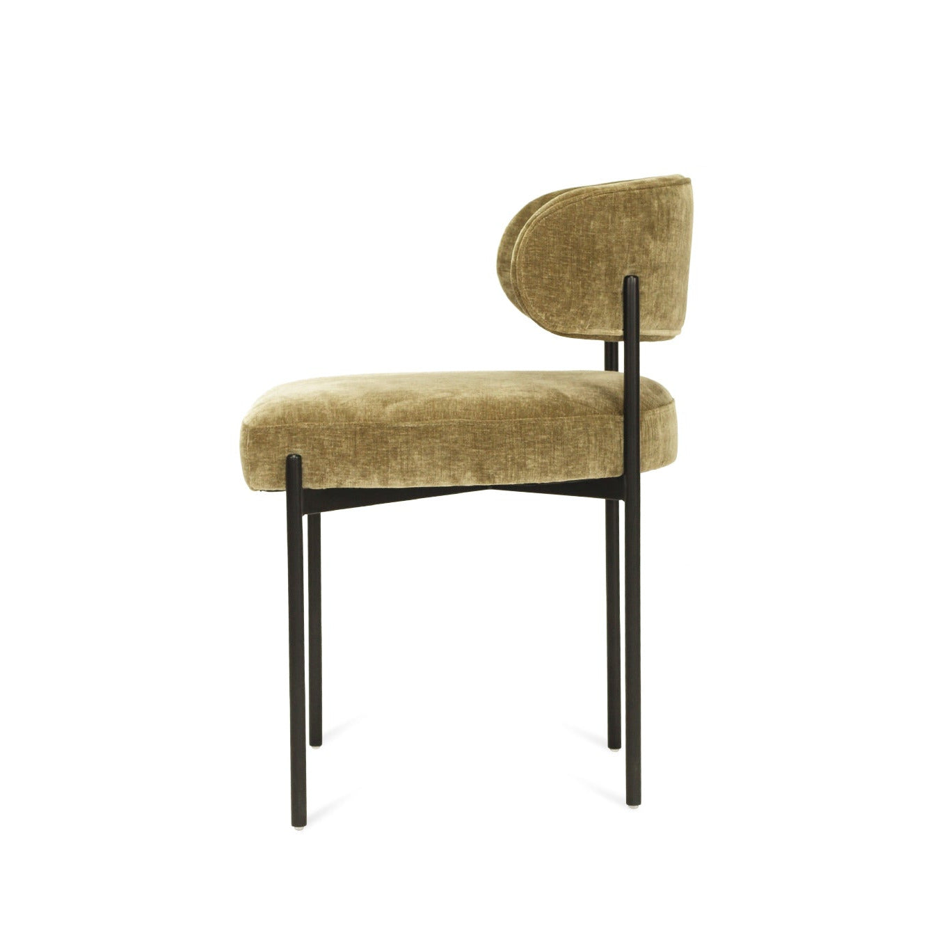 Ivy Olive green velvet upholstered dining chair with black metal legs on a white background