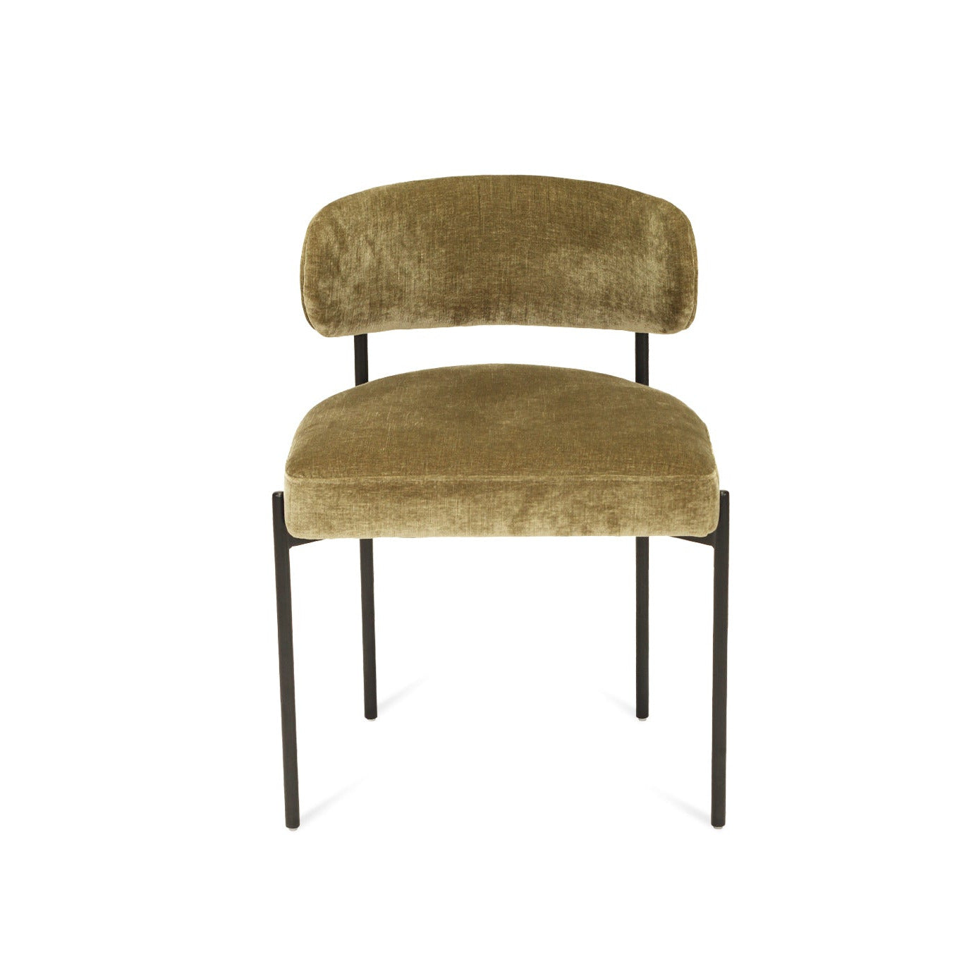 Ivy Olive green velvet upholstered dining chair with black metal legs on a white background
