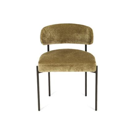 Ivy Olive green velvet upholstered dining chair with black metal legs on a white background