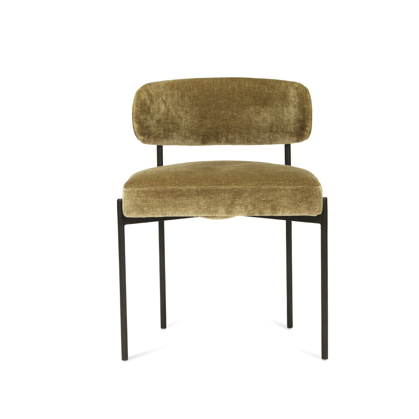 Ivy Olive green velvet upholstered dining chair with black metal legs on a white background