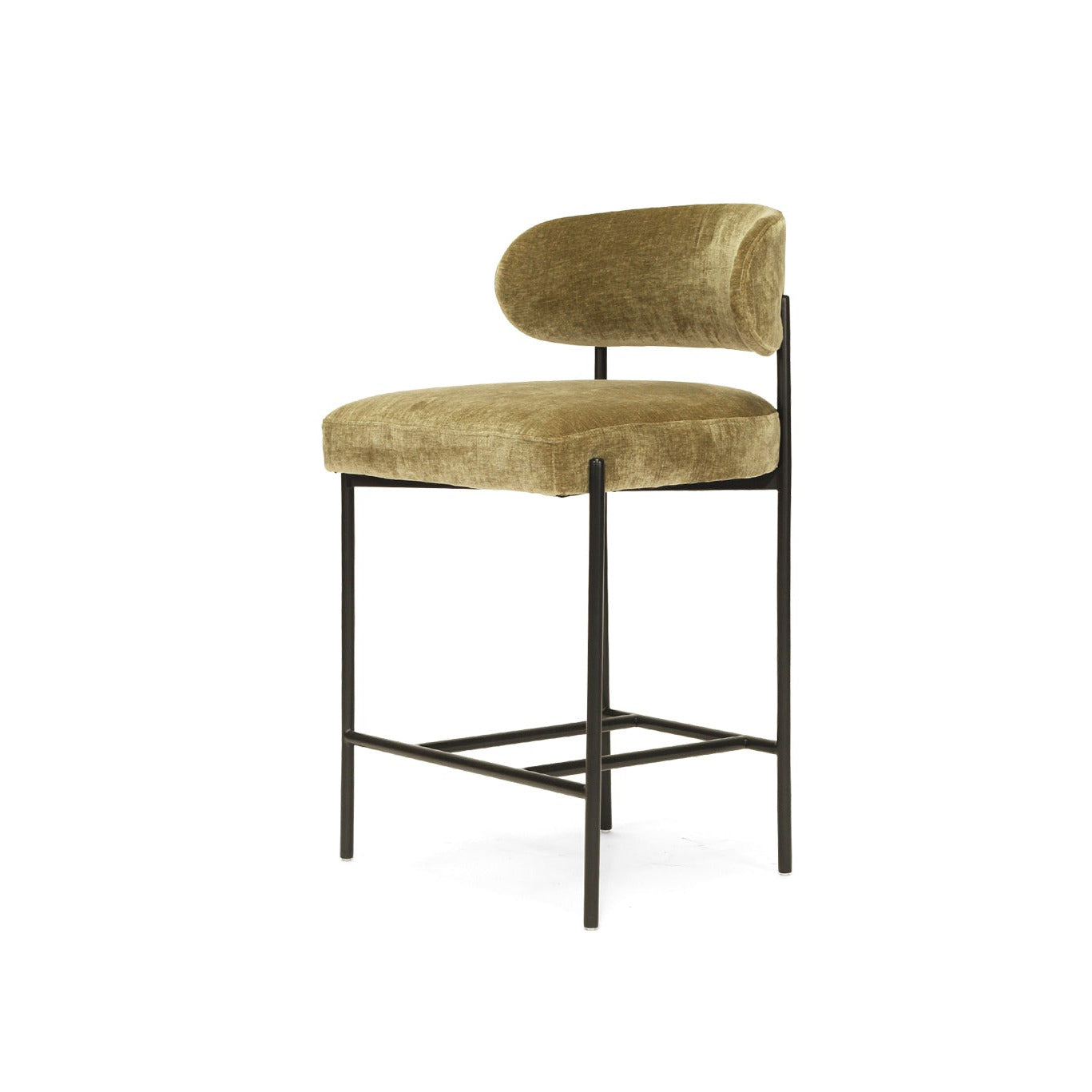 Bar stool with green cushioned seat and backrest on a white background