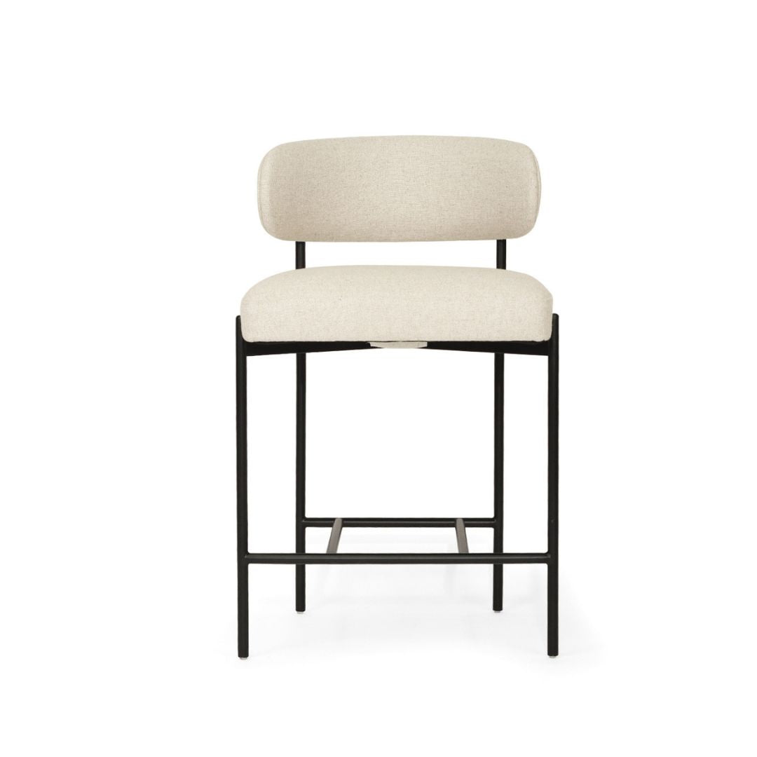 Beige bar stool with black metal frame on a white background