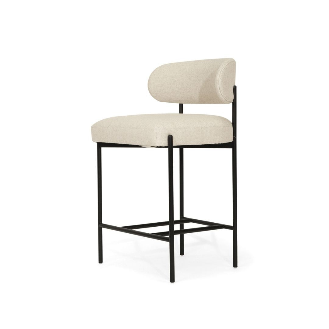 Beige bar stool with black metal frame on a white background
