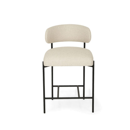 Beige bar stool with black metal frame on a white background