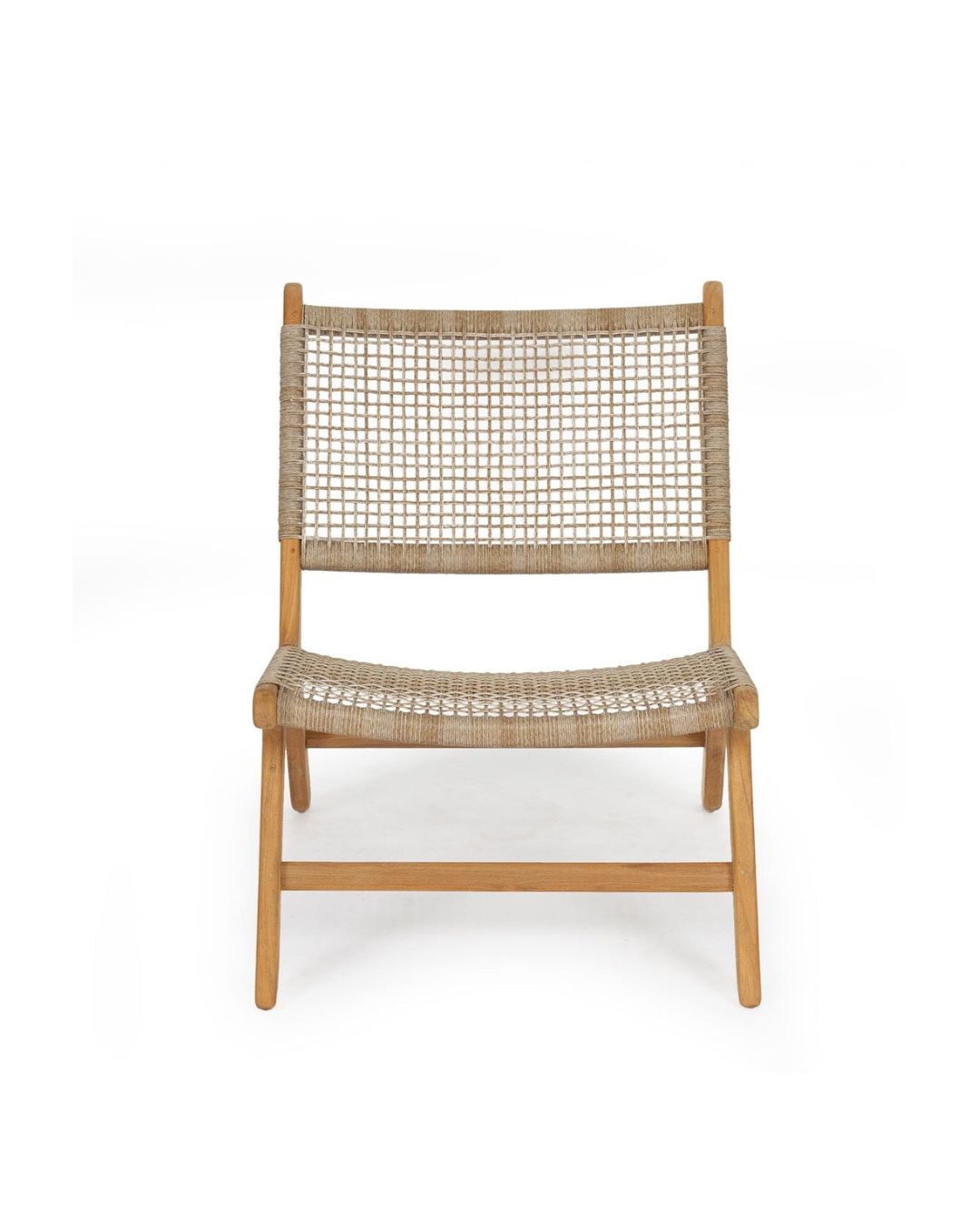 Woven chair with wooden frame on a white background
