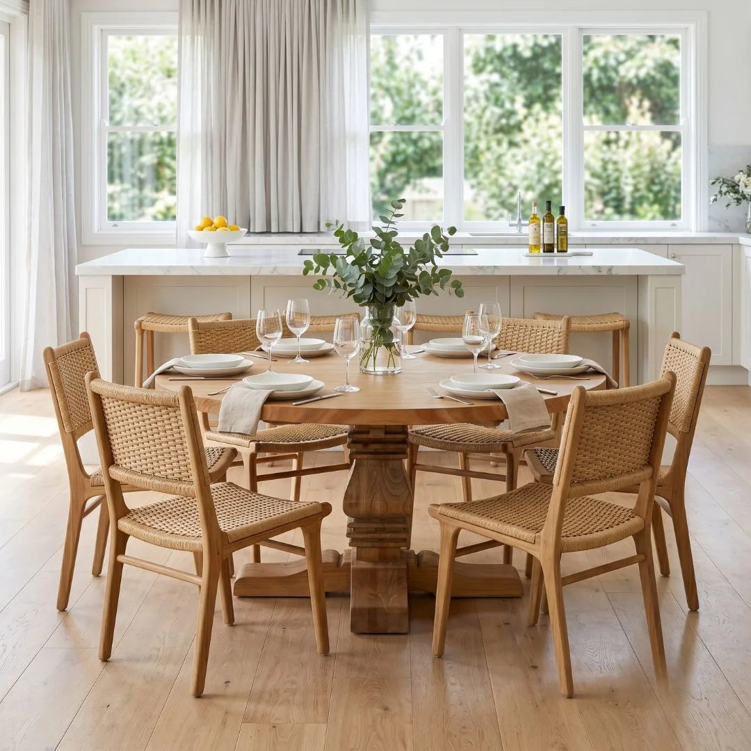 Dining room with wooden table and chairs, large windows, and a view of greenery outside.