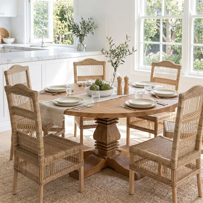 Dining room with wooden table and wicker chairs in a bright kitchen.