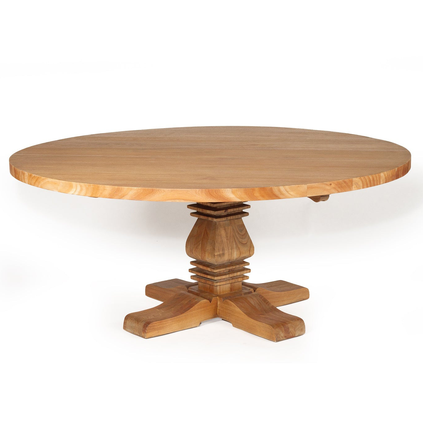 Wooden round table with a pedestal base on a white background
