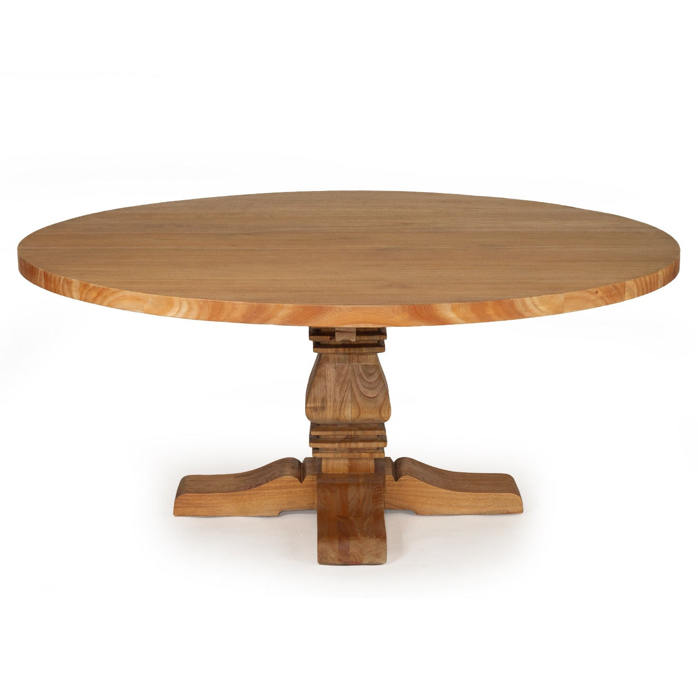 Wooden round table with a pedestal base on a white background