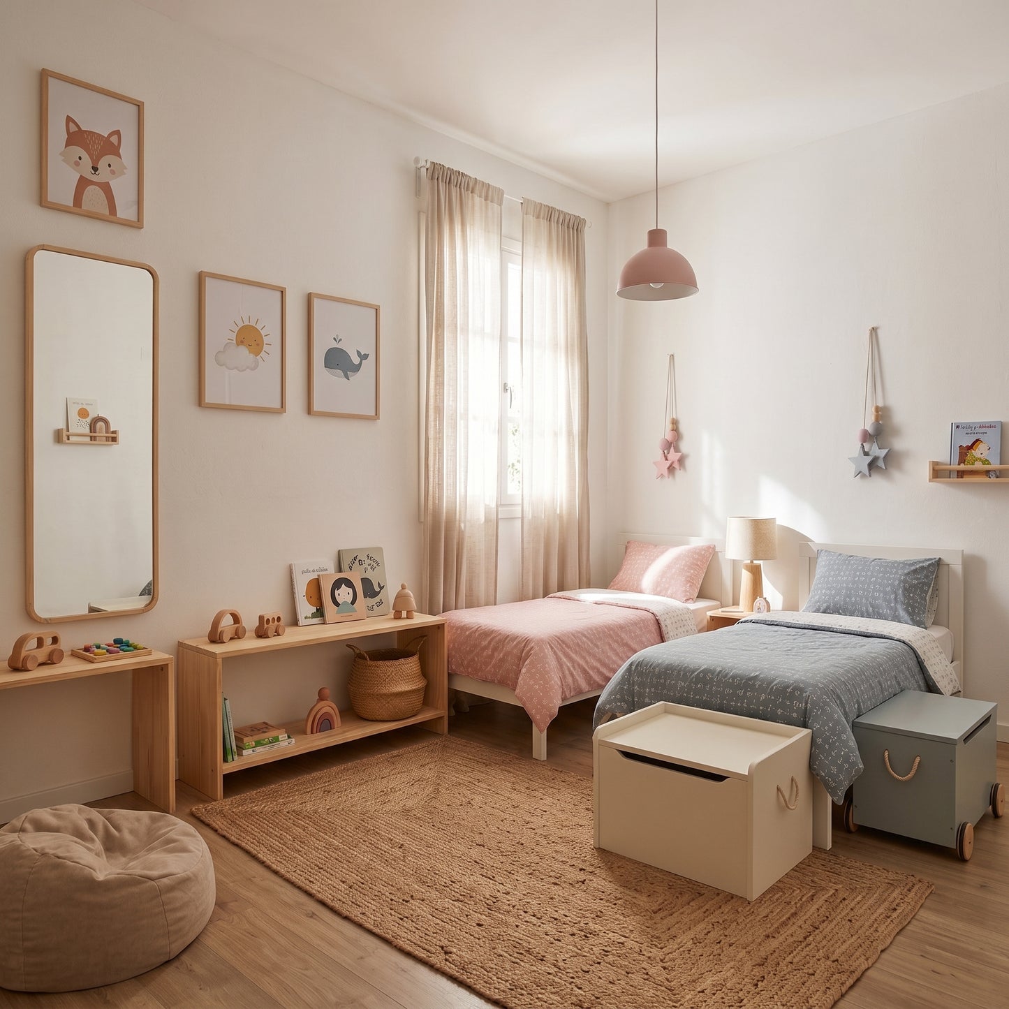 A beautifully styled children's bedroom featuring two single beds, a large wooden floor mirror, a wooden toy shelf, a woven jute rug, and soft neutral-toned decor.