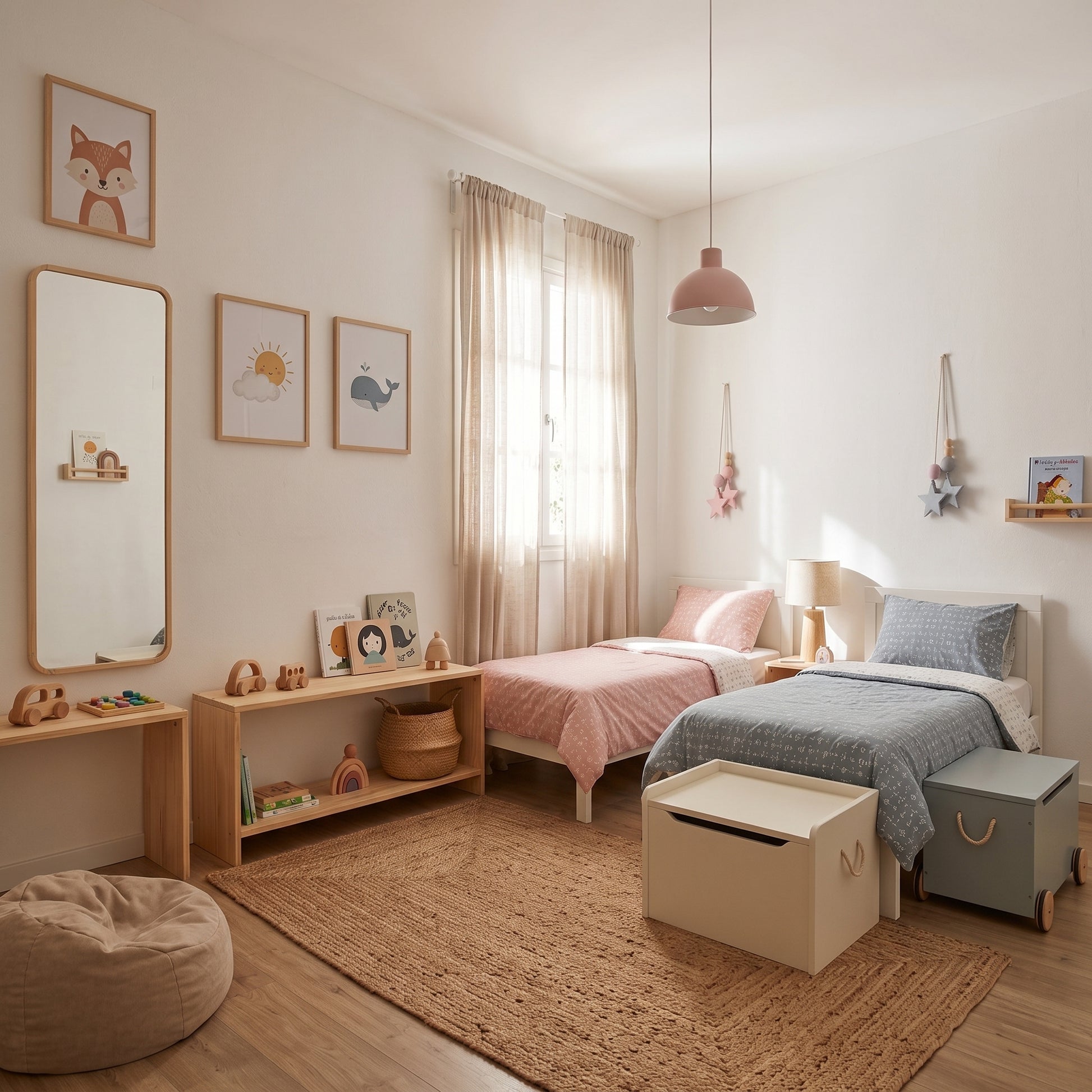 A beautifully styled children's bedroom featuring two single beds, a large wooden floor mirror, a wooden toy shelf, a woven jute rug, and soft neutral-toned decor.