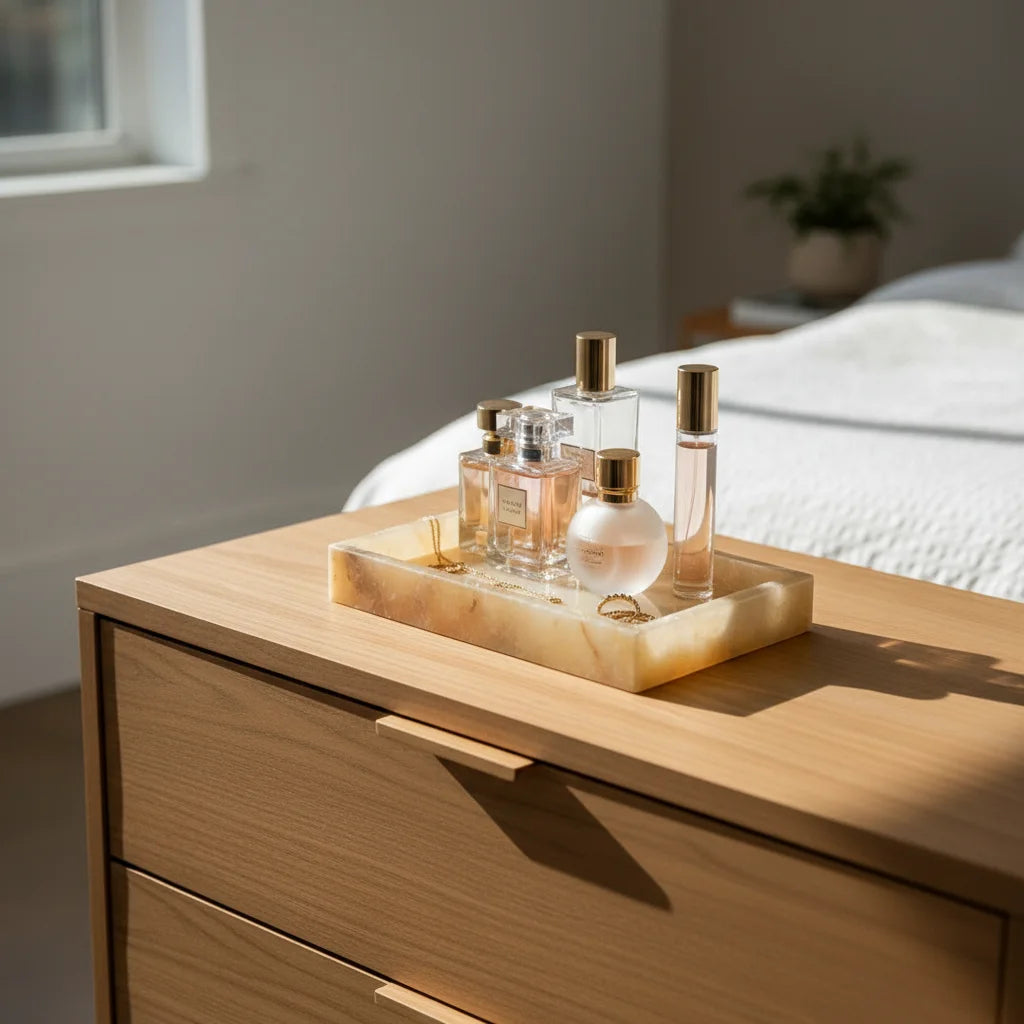 Wooden nightstand with a natural onxy tray holding perfume bottles in a bedroom setting.