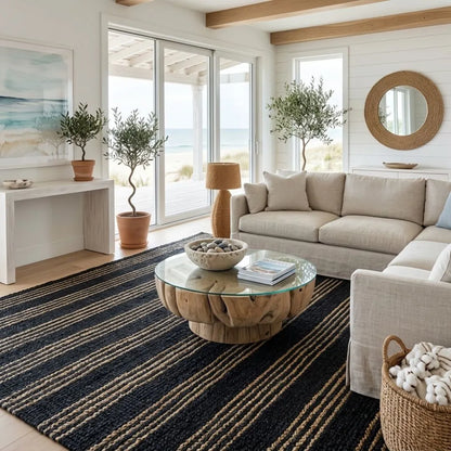 Modern living room with a sectional sofa, coffee table, and decorative elements.