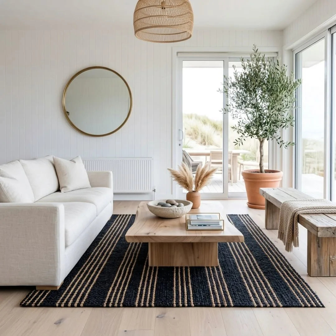 Modern living room with a white sofa, wooden coffee table, and large windows.