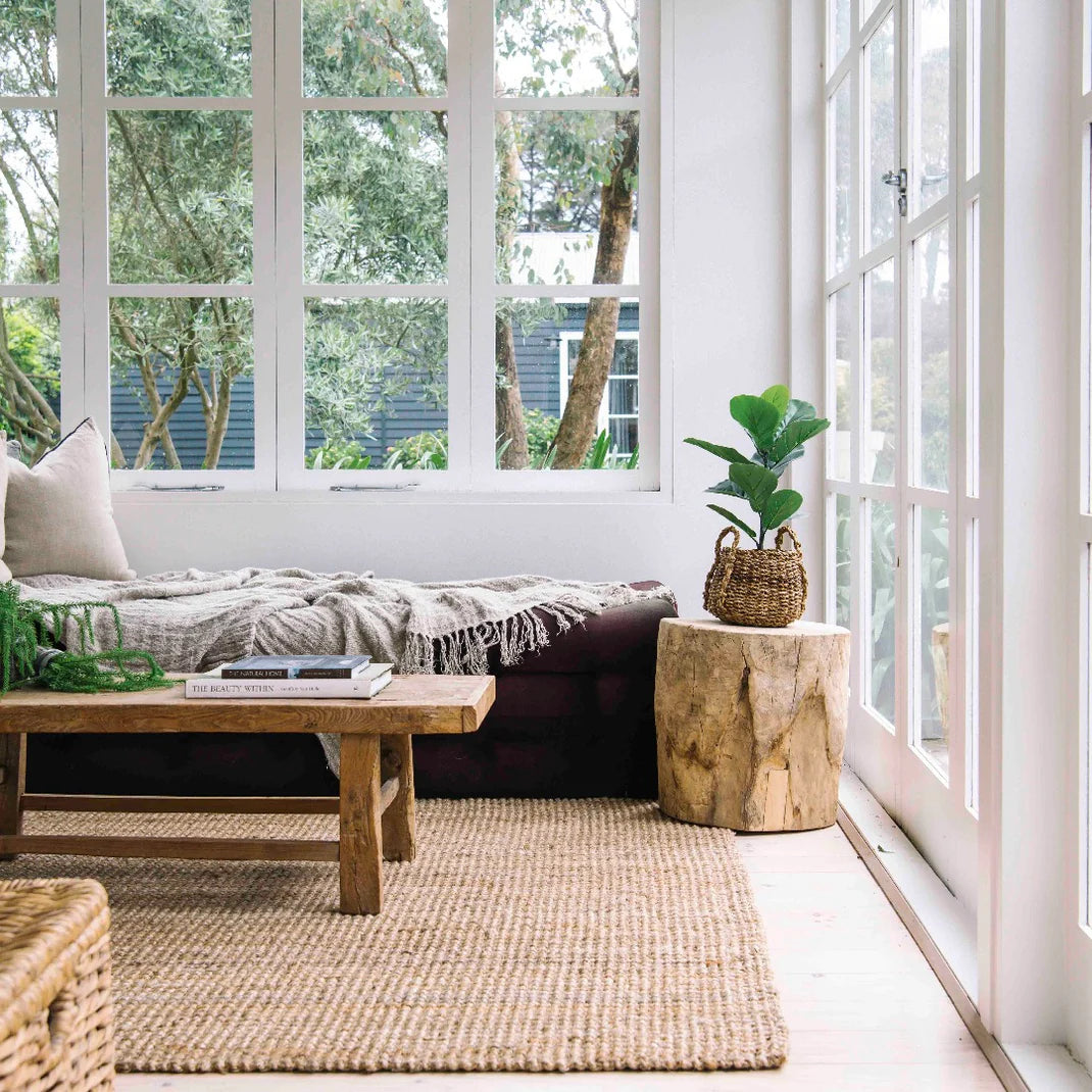 Cozy living room with a wooden coffee table, rug, and plants near large windows.