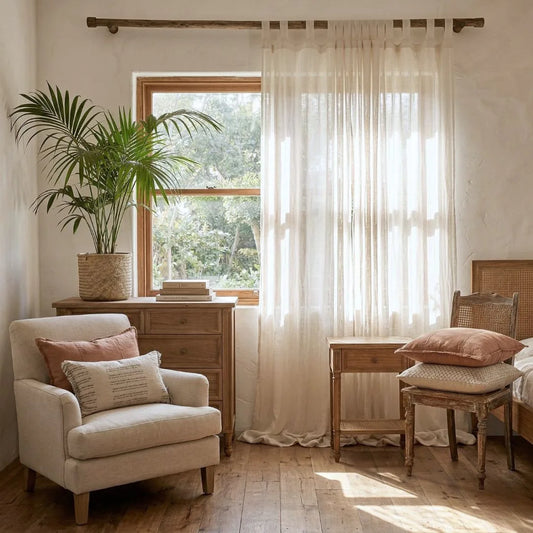 Cozy room with a chair, table, and window with organic white linen curtains
