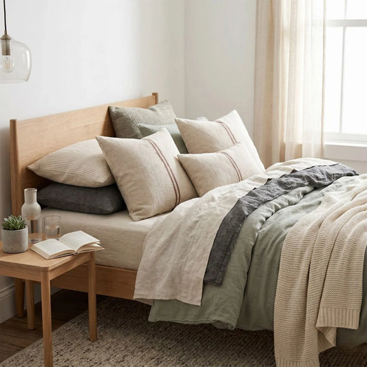 Neatly made bed with pillows and blankets in a bedroom setting.