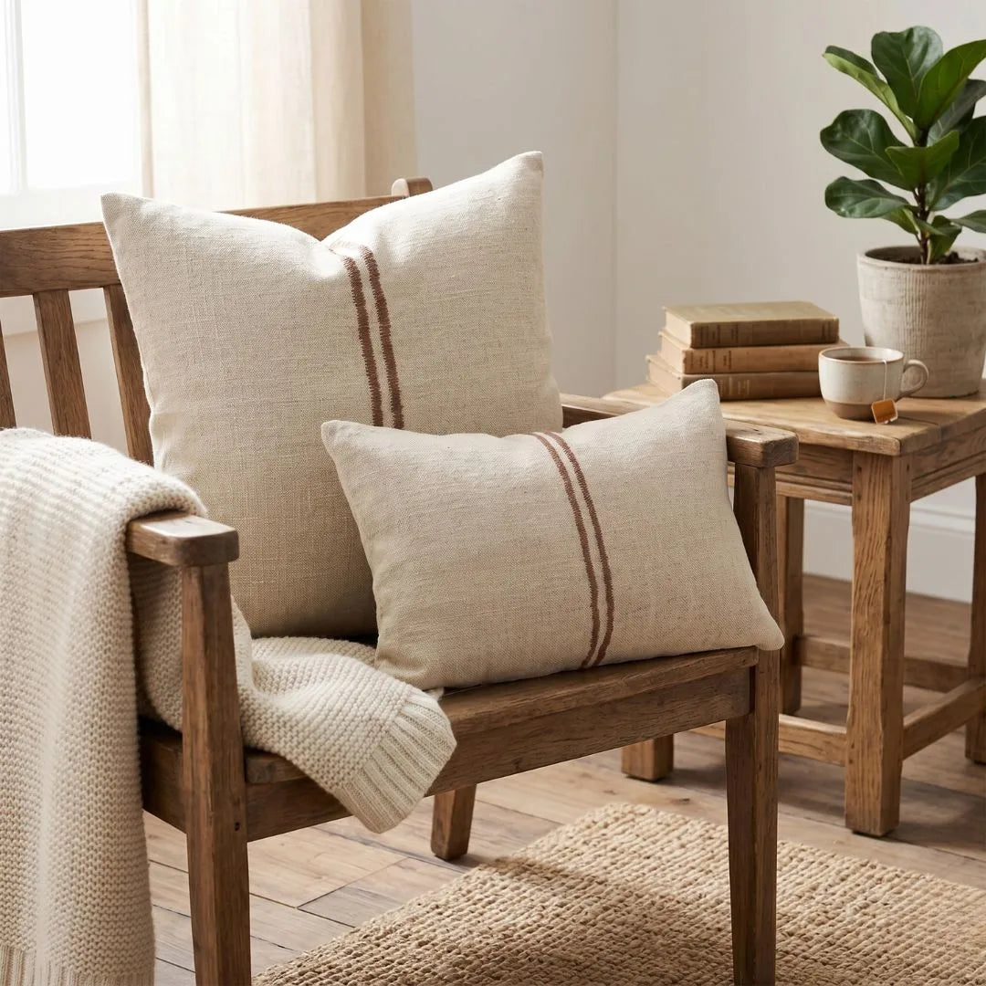 Wooden armchair with patterned cushions and a small table with books and a plant in a cozy room.