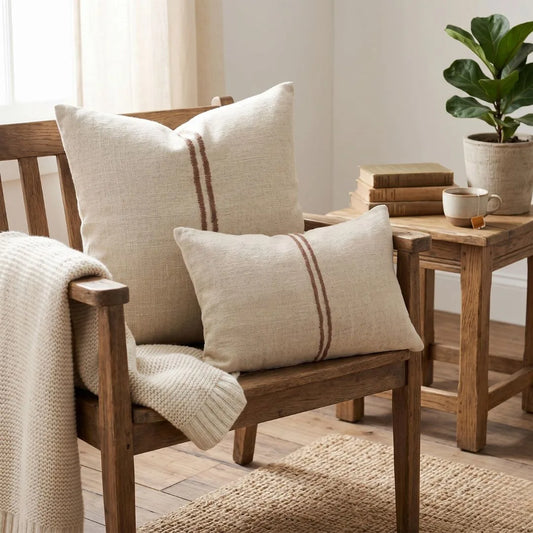 Wooden armchair with patterned cushions and a small table with books and a plant in a cozy room.