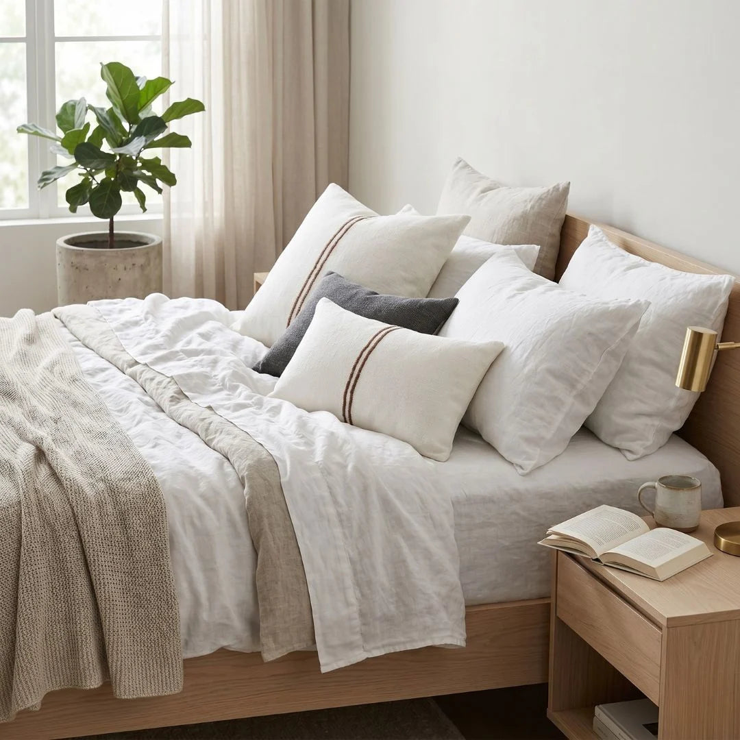 Neatly made bed with pillows and a plant in a bright bedroom.